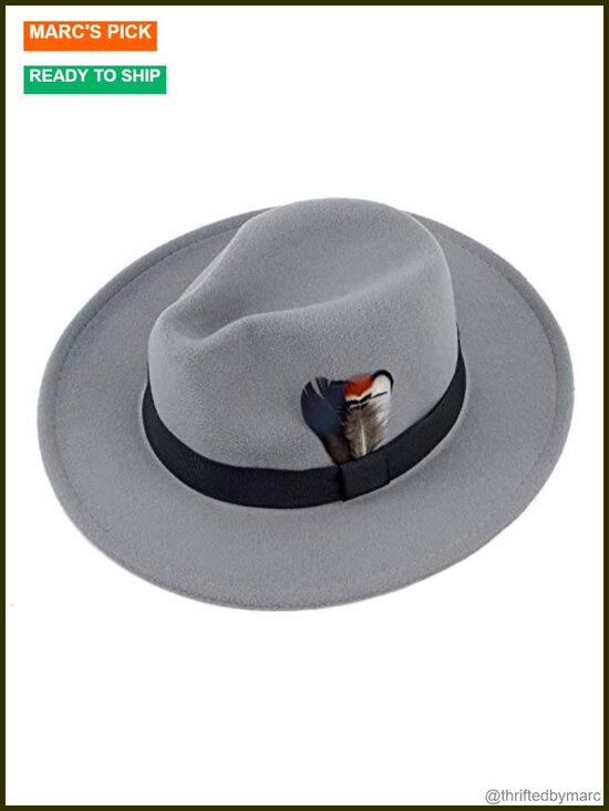 Classic Wide Brim Felt Fedora Hat with Feathers, Unisex Adjustable